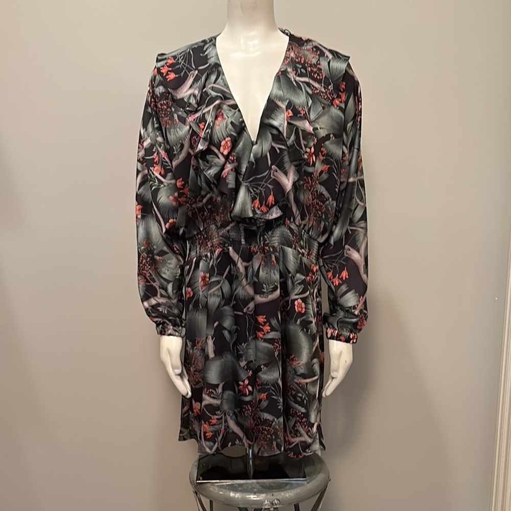 Johanna Ortiz x H&M Green and Pink Leaf Floral Patterned Flounced Dress Size L
